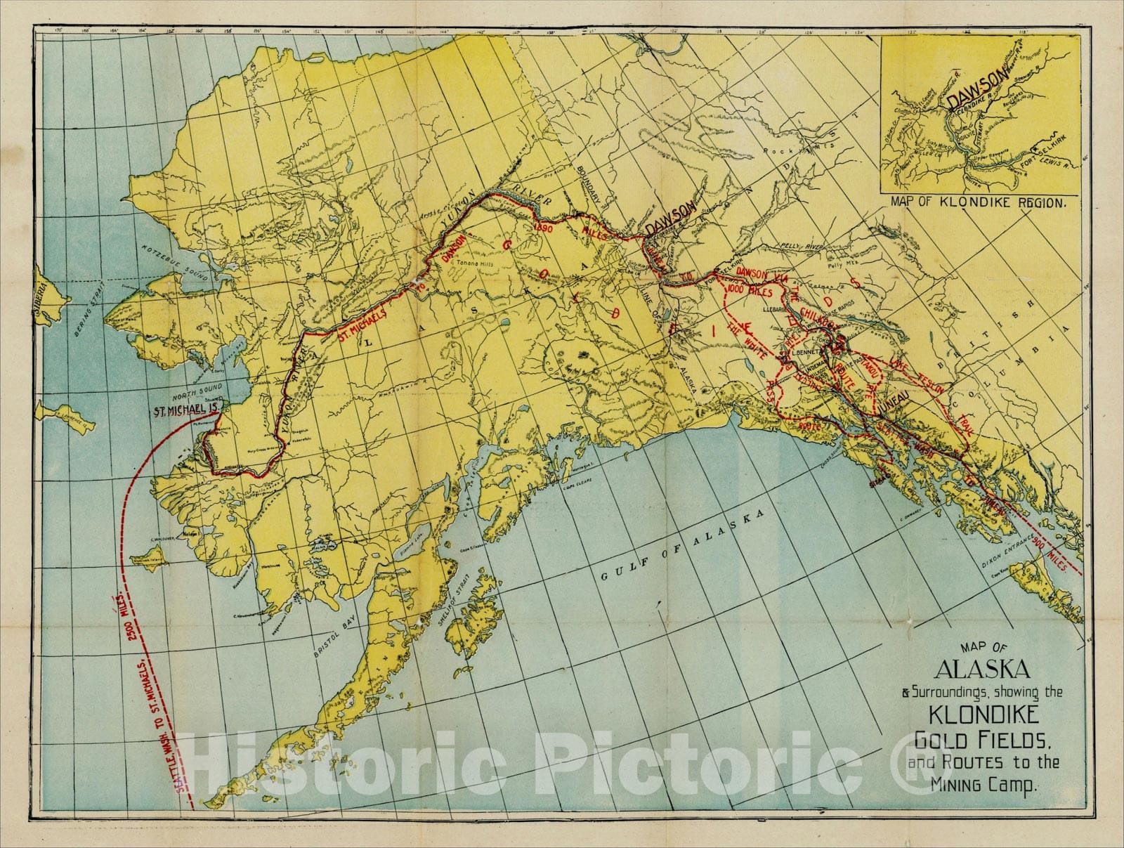 Historic Map : Map of Alaska & Surroundings. Showing The Klondike Gold Fields, And Routes To The Mining Camp., 1897, Anonymous, Vintage Wall Art