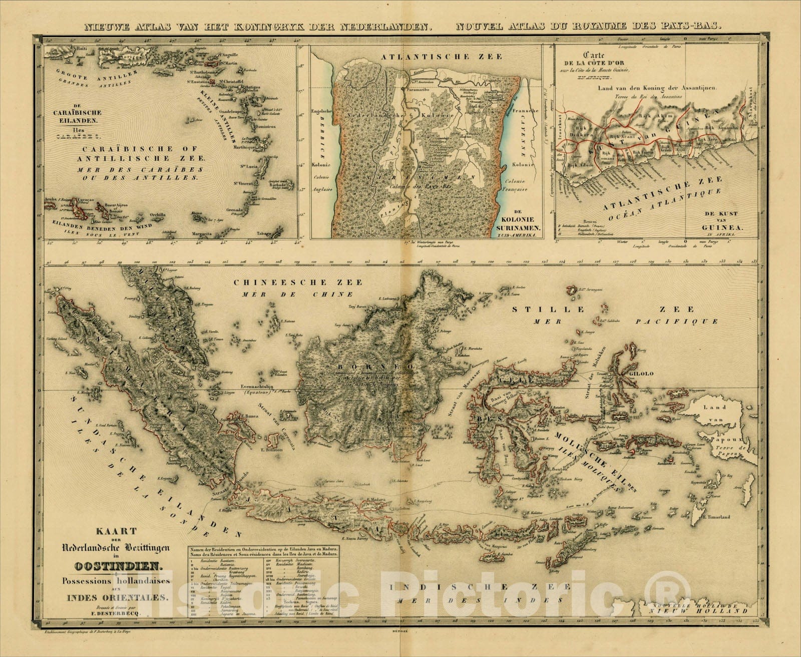 Historic Map : Kaart Der Nederlandsche Bezittingen in Oostindien. (with insets of Virigin & Windward Islands, Surinam Colony and Gold Coast), c1840, Vintage Wall Art