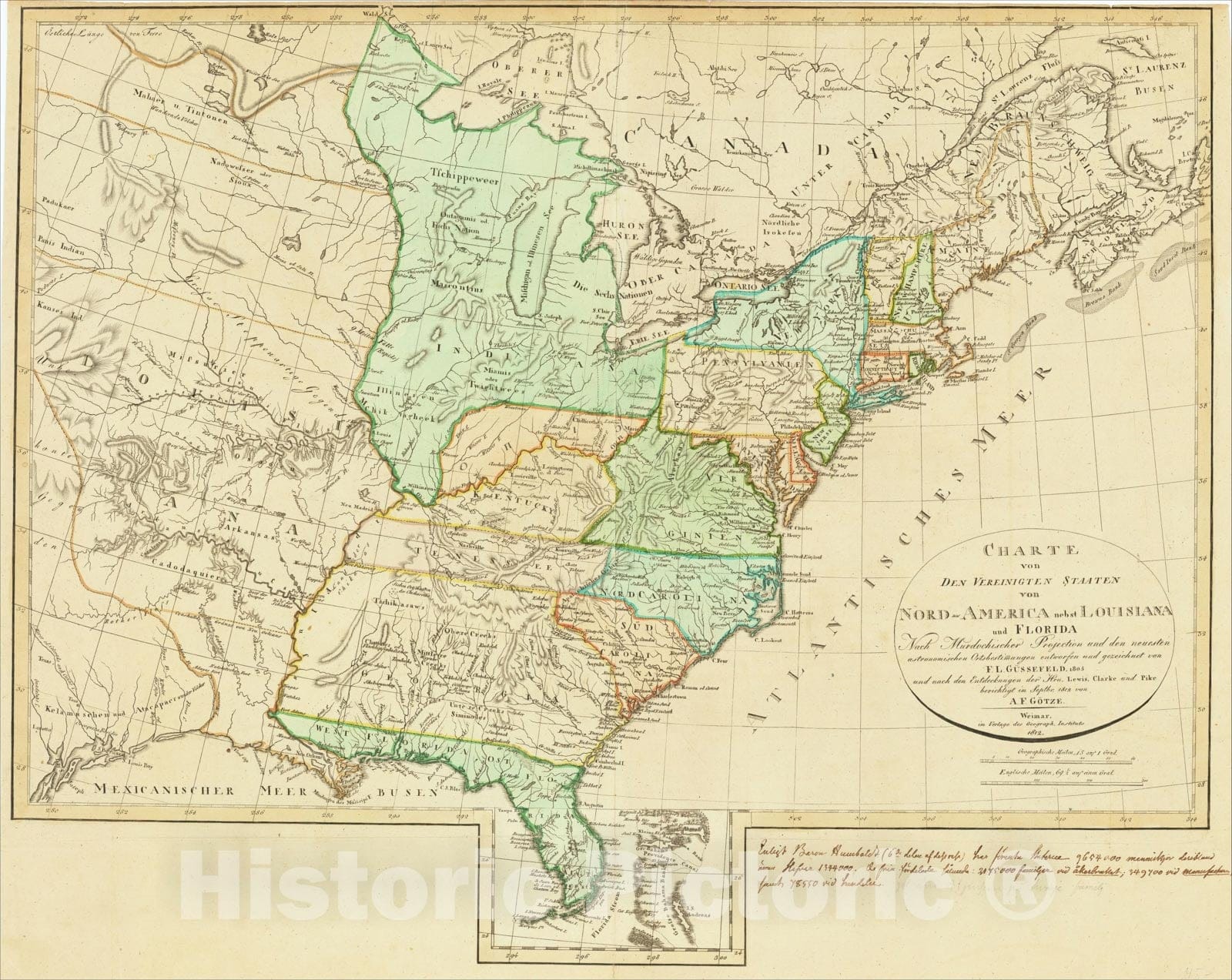 Historic Map : Charte von Den Vereinigten Staaten von Nord-America nebst Louisiana??185 und Florida, 1812, Franz Ludwig Gussefeld, Vintage Wall Art