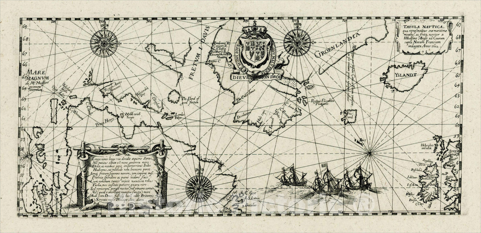 Historic Map : Tabula Nautica qua repraesentatur orae maritimae, meatus, ac freta, noviter a H Hudsono Anglo ad Caurum, 1613, v1, Vintage Wall Art