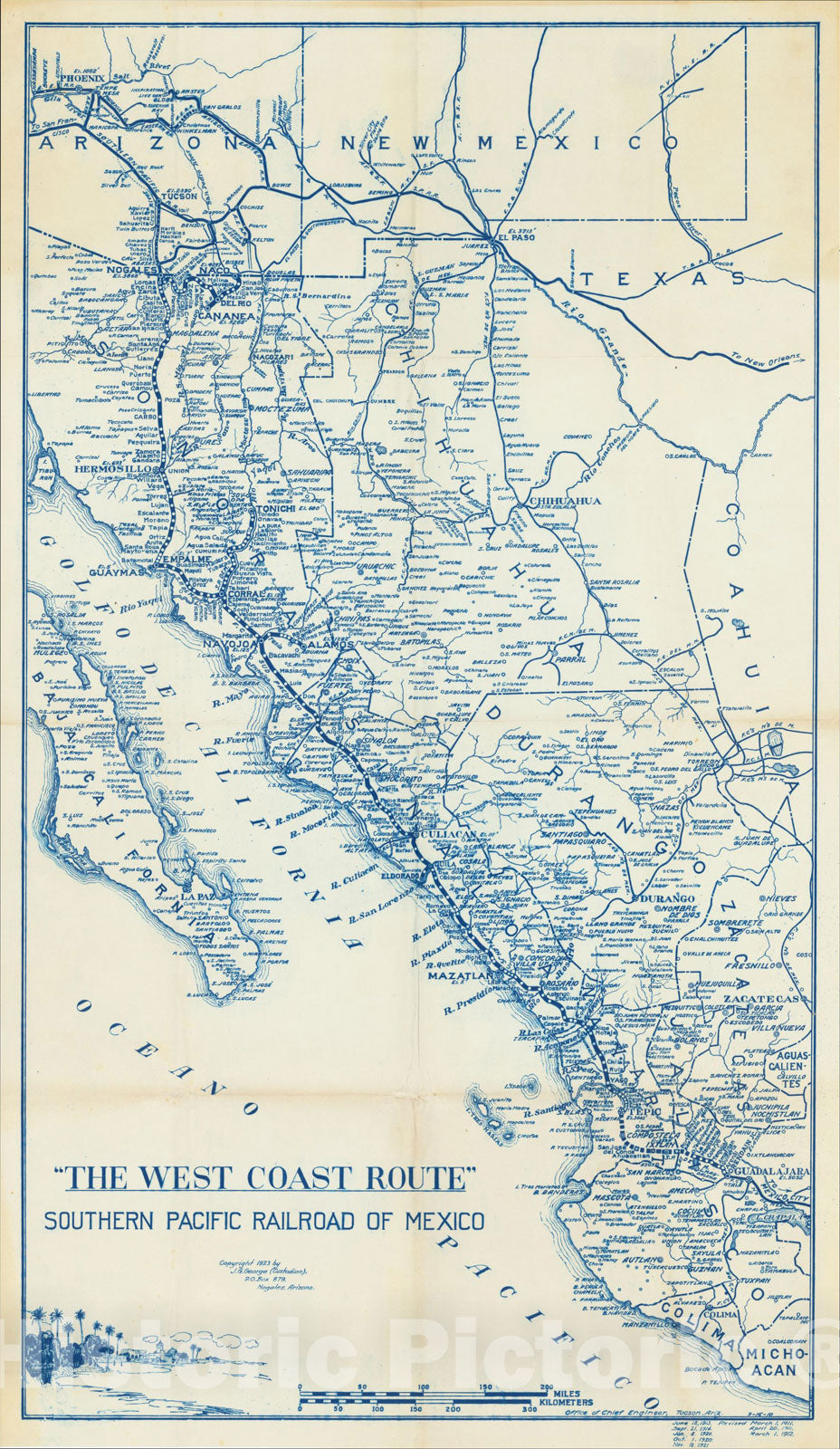 Historic Map : The West Coast Route Southern Pacific Railroad of Mexico, 1923, J. G. George, Vintage Wall Art