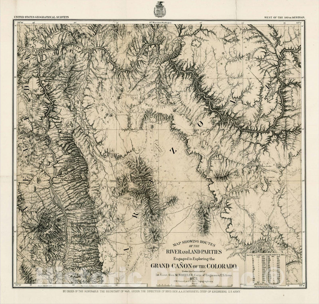Historic Map : Map Showing Routes of the River and Land Parties Engaged in Exploring the Grand Ca?n of the Colorado 1871, 1871, George M. Wheeler, v1, Vintage Wall Art