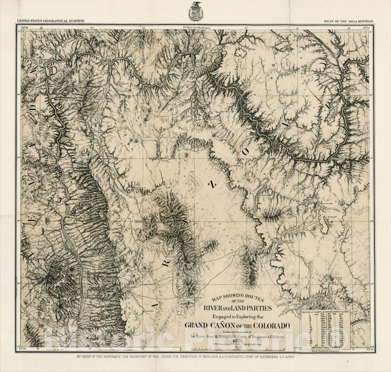 Historic Map : Map Showing Routes of the River and Land Parties Engaged in Exploring the Grand Ca?n of the Colorado 1871, 1871, George M. Wheeler, v1, Vintage Wall Art