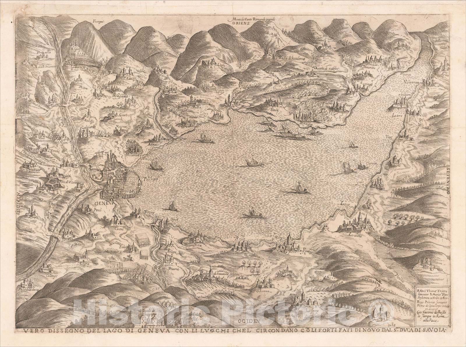 Historic Map : Vero Dissegno Del Lago Di Geneva Con Li Luochi Che L Circondano Coli Forti Fati Di Novo Dal Smo Duca Di Savoiae, 1625, Piero de Cavalleri, Vintage Wall Art