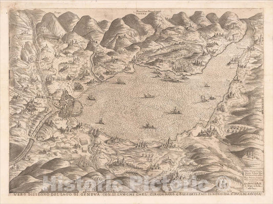 Historic Map : Vero Dissegno Del Lago Di Geneva Con Li Luochi Che L Circondano Coli Forti Fati Di Novo Dal Smo Duca Di Savoiae, 1625, Piero de Cavalleri, Vintage Wall Art