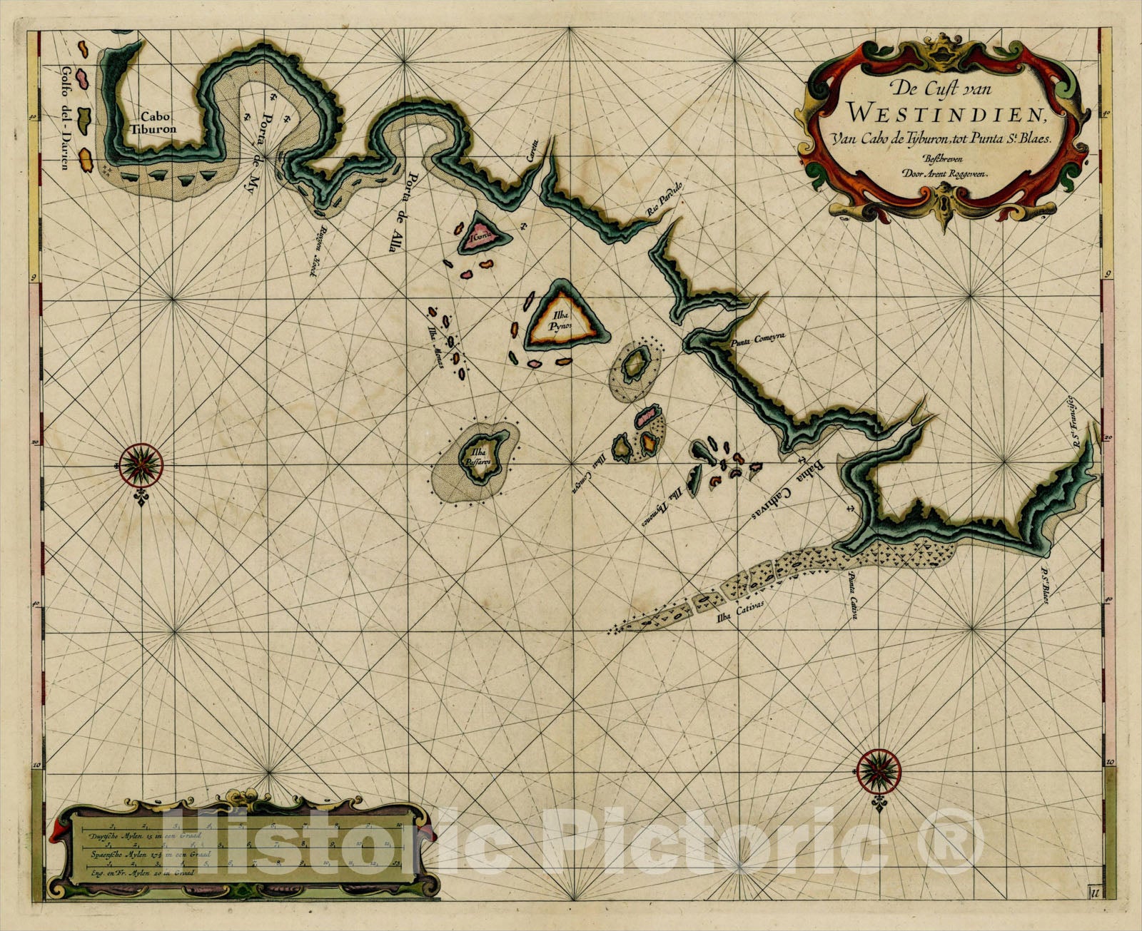 Historic Map : De Cust van Westindien, Van Cabo de Tyburon, tot Punta St. Blaes, 1675, , Vintage Wall Art