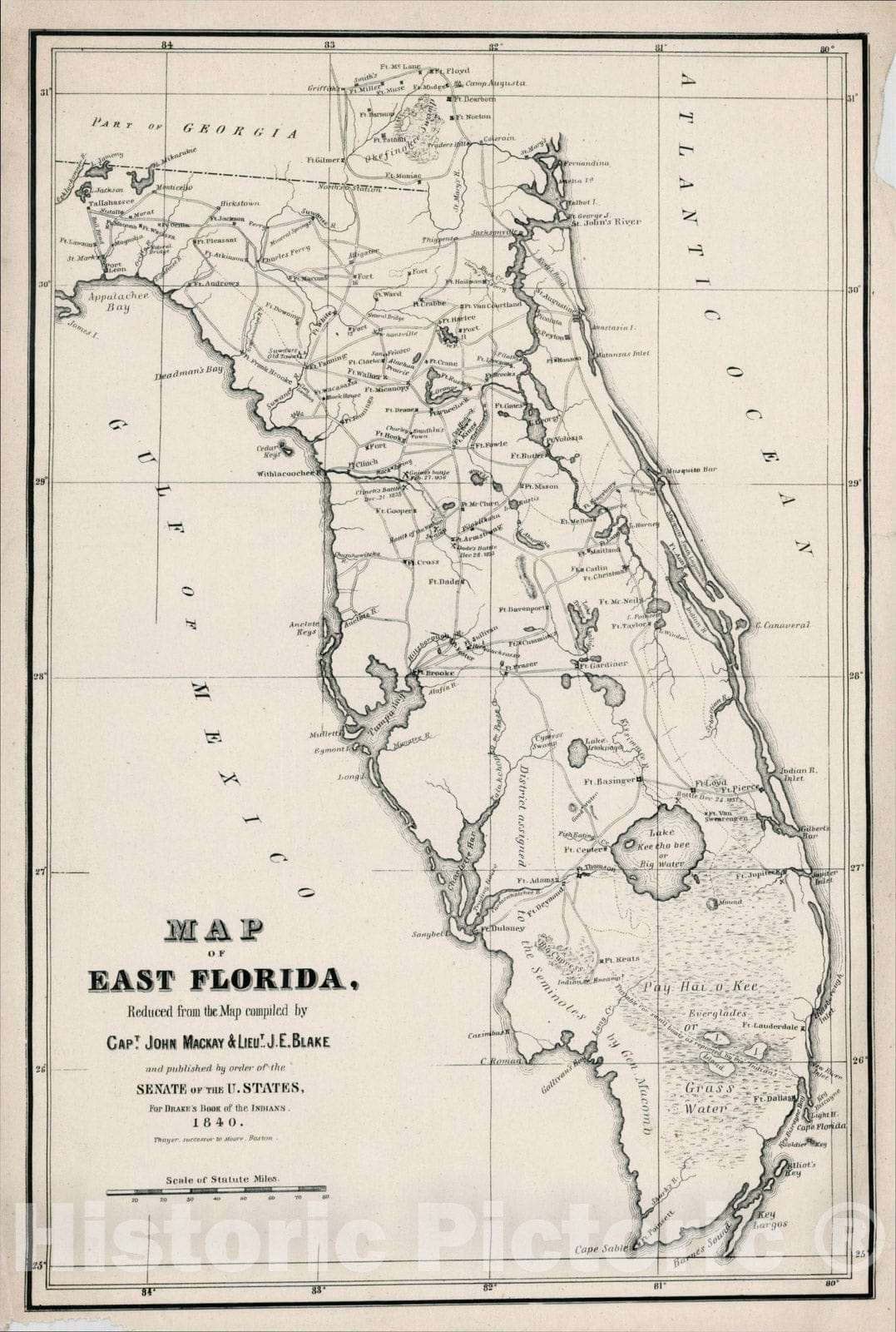 Historic Map : Map of East Florida, Reduced from the Map, 1840, Samuel Gardiner Drake, Vintage Wall Art