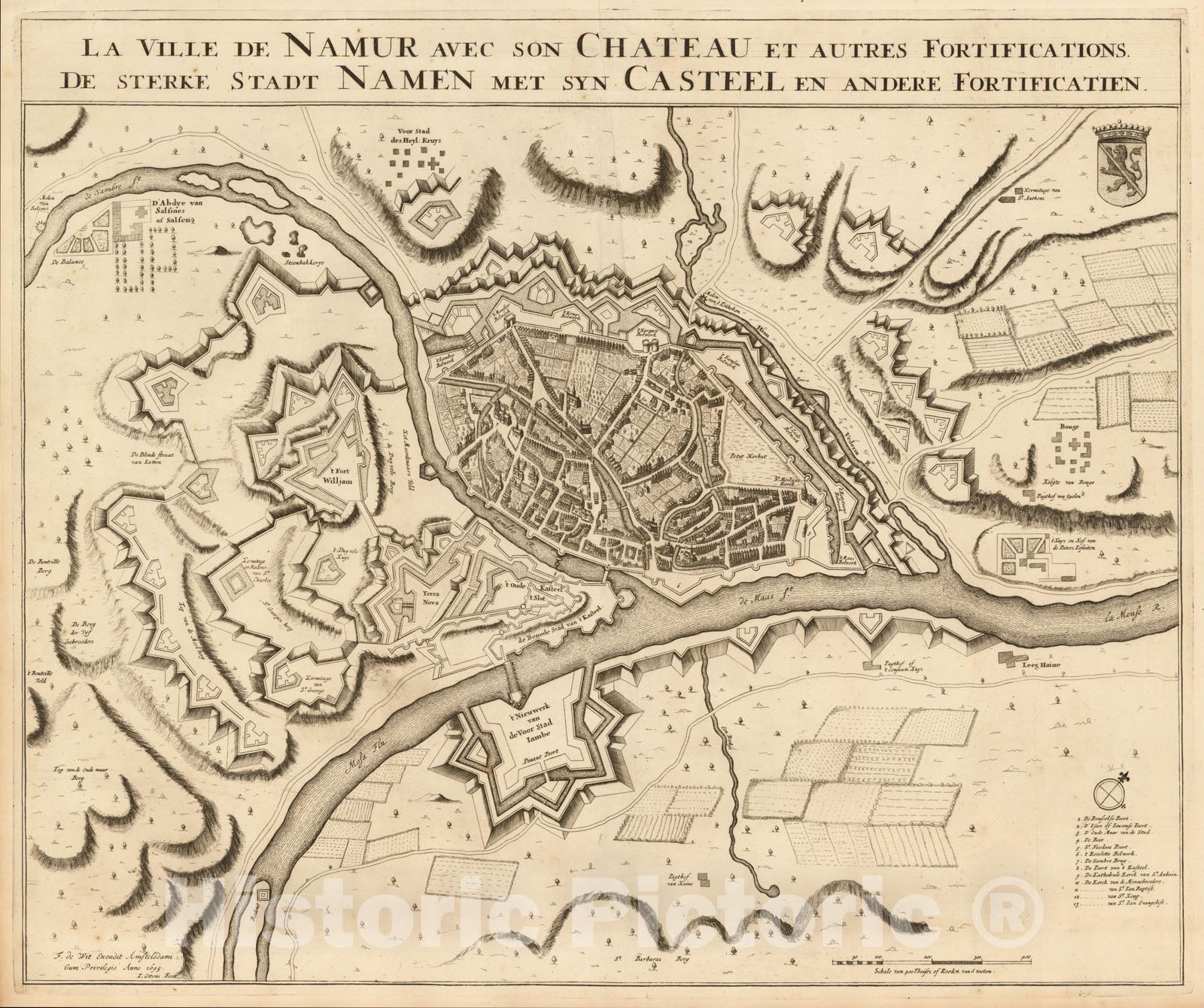 Historic Map : La Ville de Namur avec son Chateau et autres Fortifications - De sterke Stadt Namen met syn Casteel en Andere Fortificatien, 1695, , Vintage Wall Art
