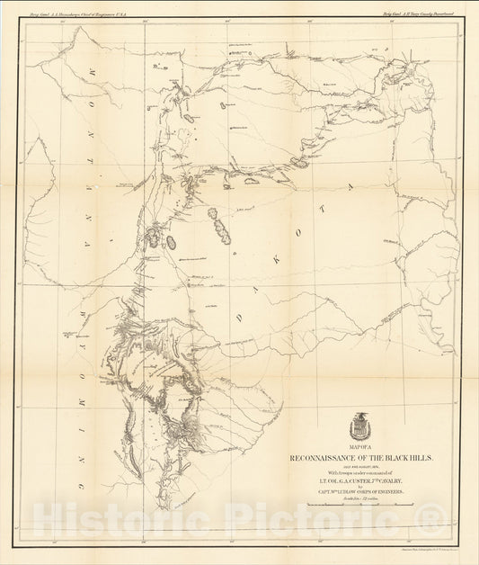 Historic Map : The Black Hills from a reconnaissance by Captain William Ludlow Corps of Engineers, 1874, United States Bureau of Topographical Engineers, Vintage Wall Art