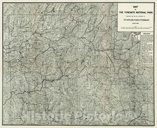 Historic Map : Map of the Yosemite National Park Prepared For Use of U.S. Troops By N.F. McClure, 1st Lieut, 5th Cavalry March 1896, 1896, U.S. Government, Vintage Wall Art