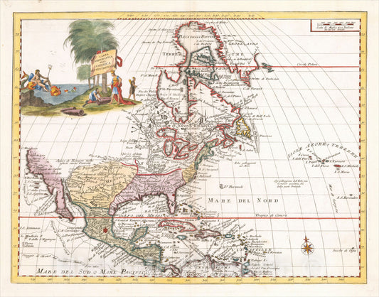 Historic Map : Carta Geografica Dell America Settentrionale, 1740, Giambattista Albrizzi, Vintage Wall Art