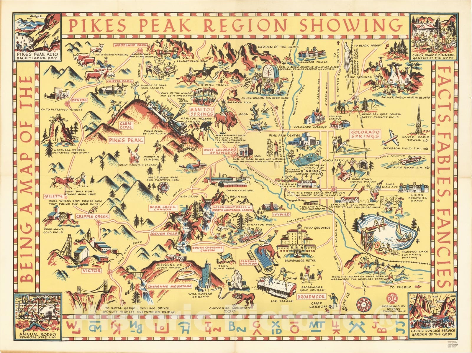 Historic Map : Being a Map of The Pikes Peak Region Showing Facts, Fables, Fancies, 1947, George Vander Sluis, Vintage Wall Art
