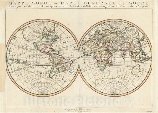 Historic Map : Mappe-Monde, ou Carte Generale Du Monde; Dessignee en deux plan-Hemispheres, 1651, Vintage Wall Art