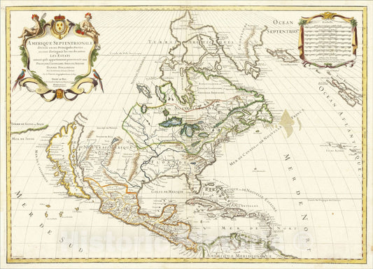 Historic Map : Amerique Septentrionale Divisee en Ses Principales Parties, Francois, Castillan, Anglois, Suedoies, Danois, Hollandois, 1713, 1713, Vintage Wall Art