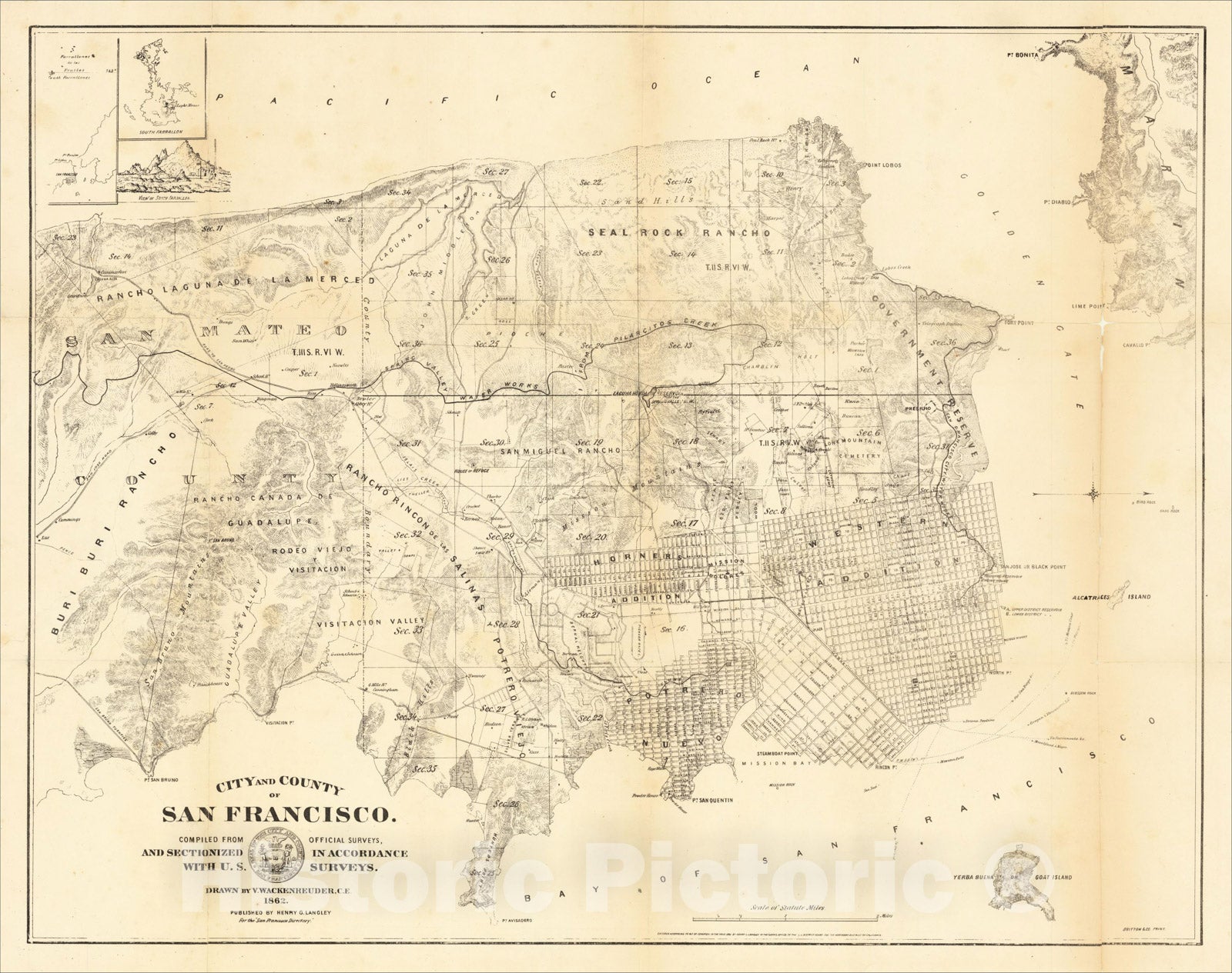 Historic Map : City and County of San Francisco, 1862, Vitus Wackenreuder, Vintage Wall Art
