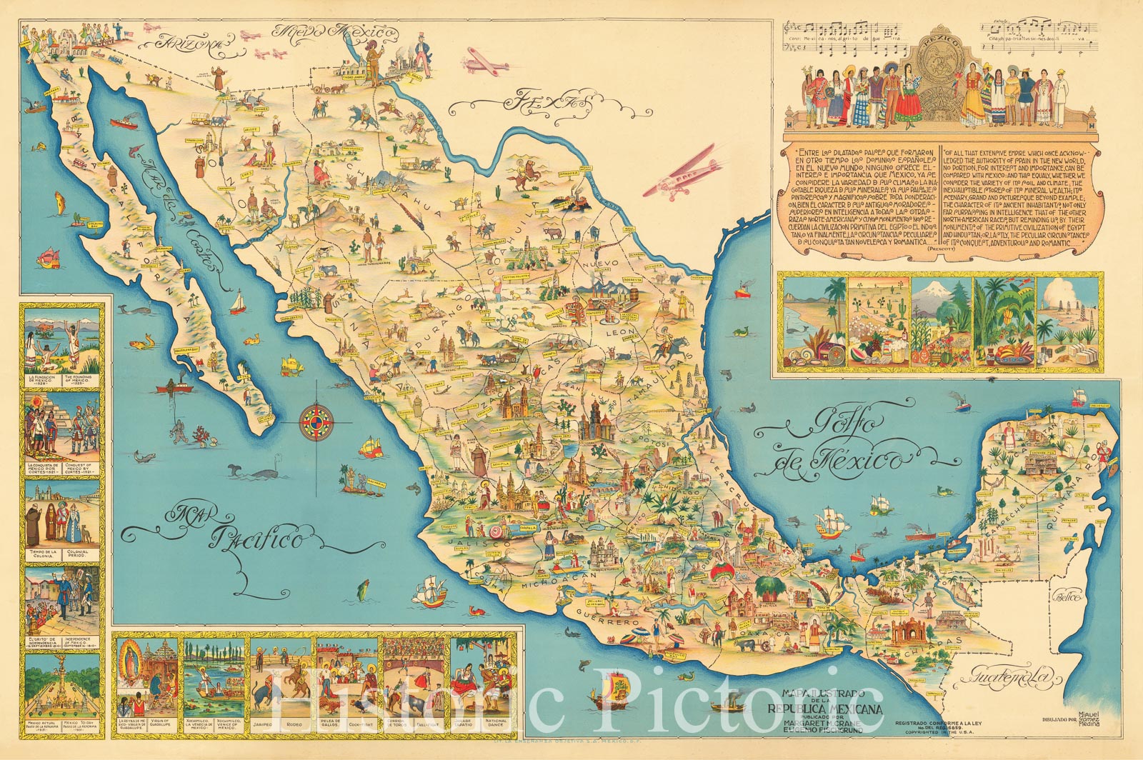 Illustrated Map of the Republic of Mexico - 1930s Pictorial Historical Map Print