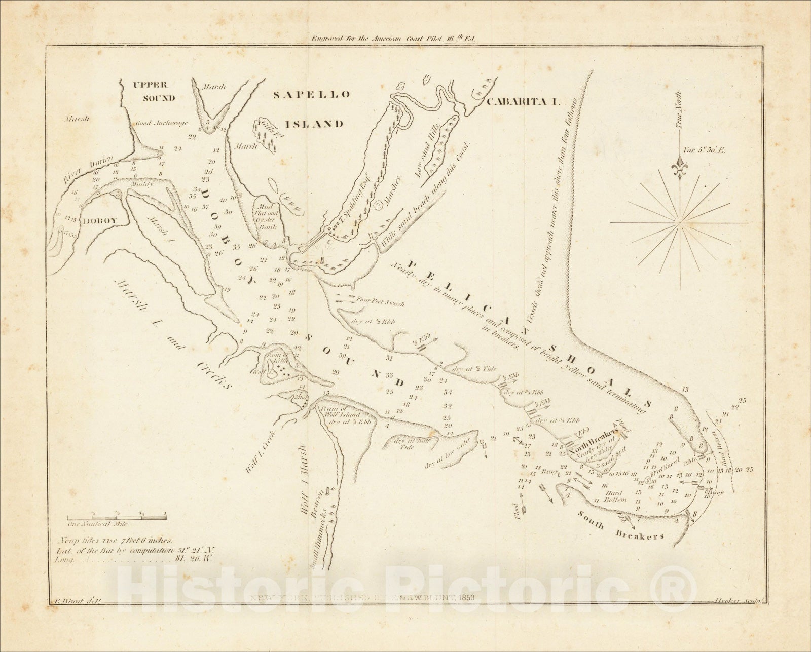 Historic Map : (Doboy Sound, Sapello Island Georgia), 1850, Edmund M. Blunt, Vintage Wall Art