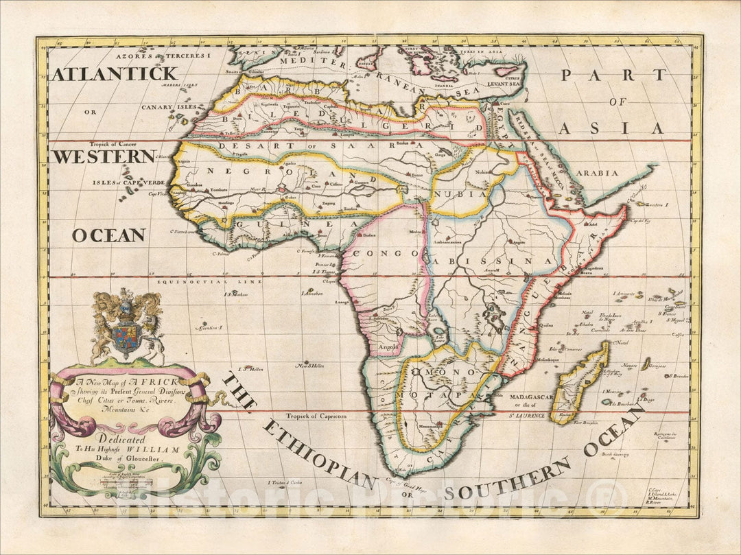 Historic Map : A New Map of Africk, Shewing its Present Divisions, Chief Cities & Towns; Rivers, Mountains &c., 1700, Edward Wells, Vintage Wall Art