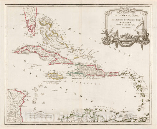 Historic Map : Partie De La Mer Du Nord, ou se trouvent Les Grandes Et Petites Antilles, Et Les Isles Lucayes, c1750, , Vintage Wall Art