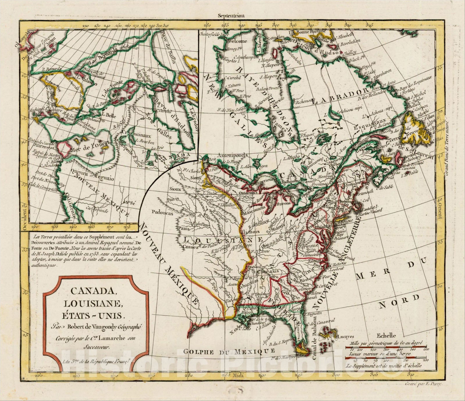 Historic Map : Canada, Louisiane, Etats Unis. Pars Robert de Vaugondy? [Large Bay of the West Inset], 1792, Charles Francois Delamarche, Vintage Wall Art