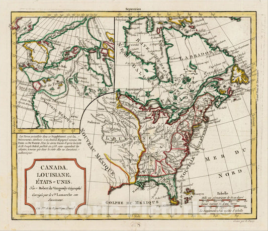 Historic Map : Canada, Louisiane, Etats Unis. Pars Robert de Vaugondy? [Large Bay of the West Inset], 1792, Charles Francois Delamarche, Vintage Wall Art