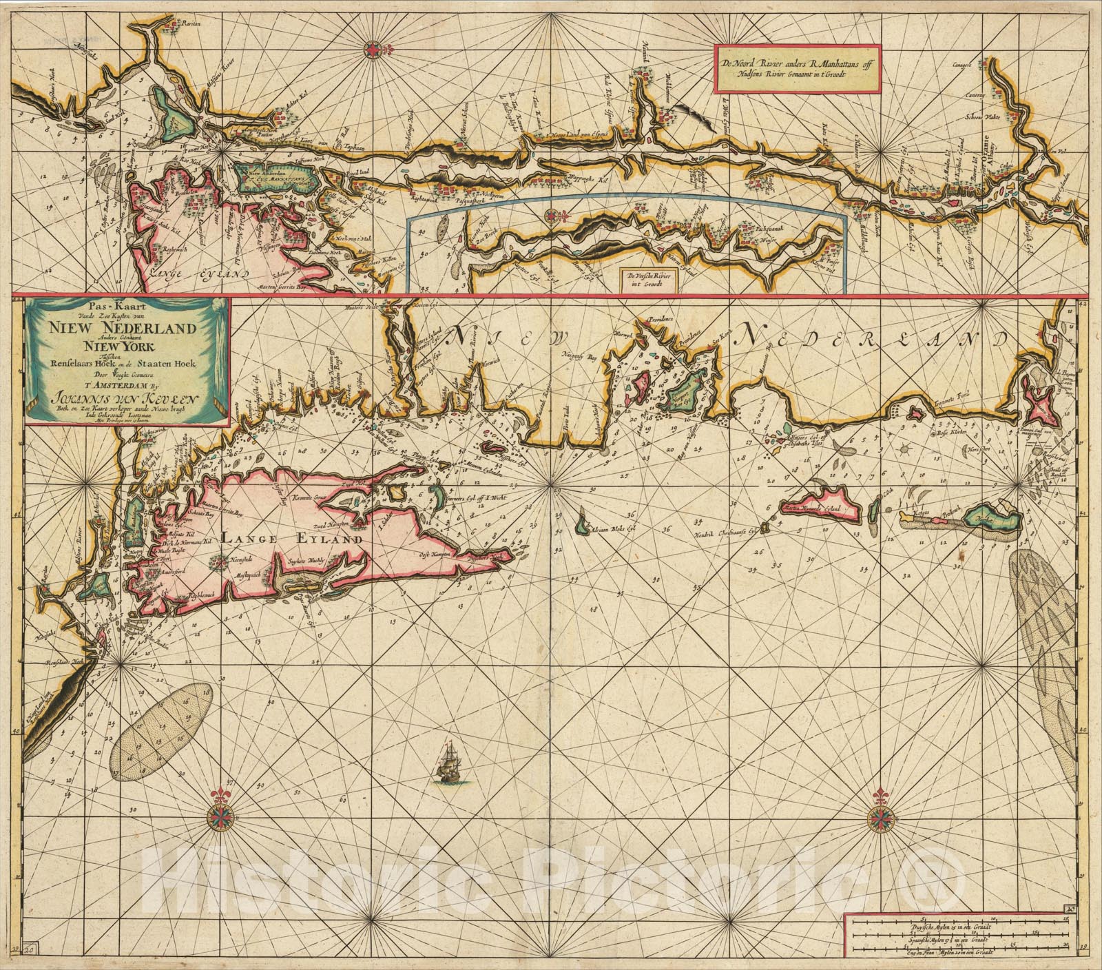 Historic Map : Pas-Kaart vande Zee Kusten van Niew Nederland anders Genaamt Niew York tusschen Renselaars Hoek en de Staaten Hoek, c1702, Johannes Van Keulen, Vintage Wall Art