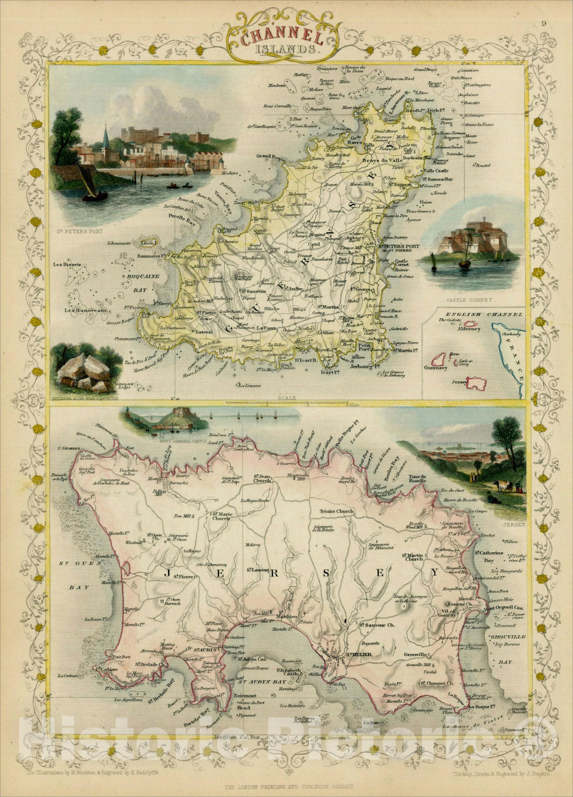 Historic Map : Channel Islands [Guernsey and Jersey], 1851, John Tallis, v2, Vintage Wall Art