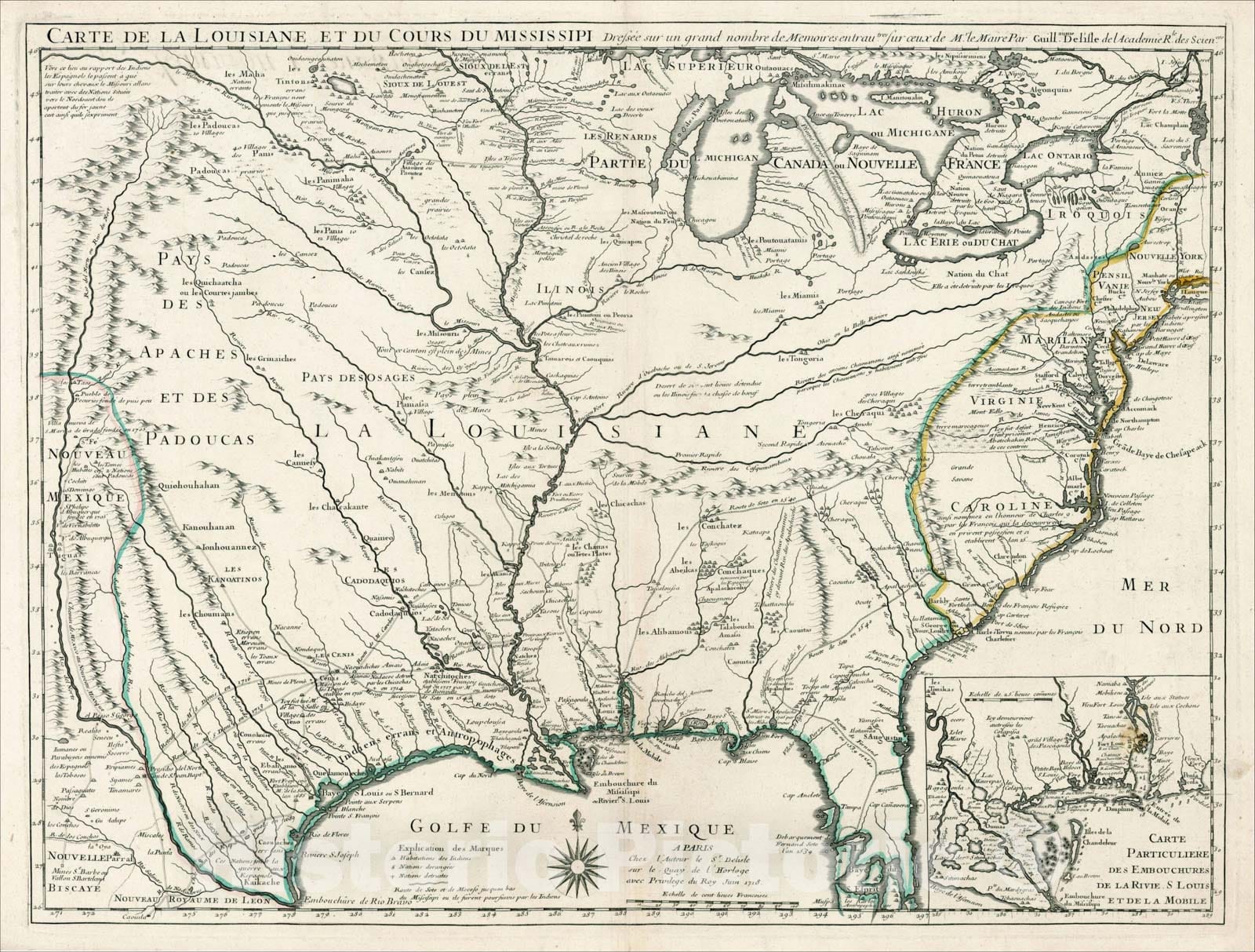 Historic Map : Carte De La Louisiane Et Du Cours Du Mississipi, Juin 1718, 1718, Guillaume De L'Isle, v2, Vintage Wall Art