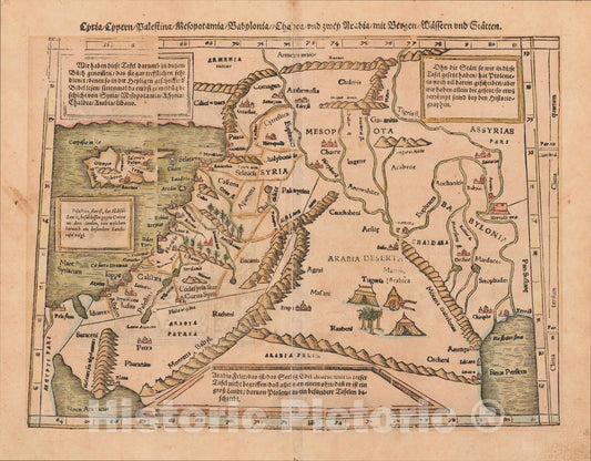 Historic Map : Syria, Cypern, Palestina, Mesopotamia, Babylonia, Chaldea, und zwei Arabia mit Bergen, Wassern, Statten, 1552, Sebastian M?nster, Vintage Wall Art