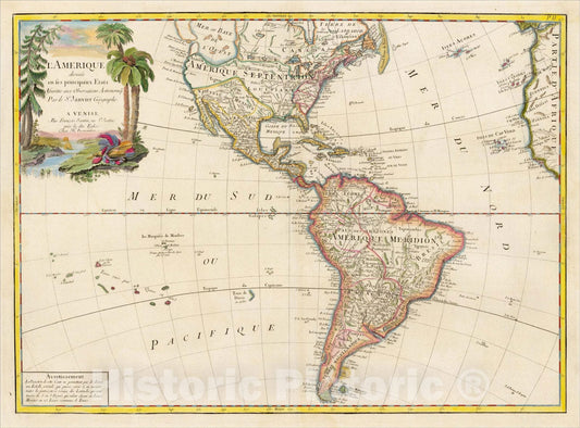 Historic Map : [Sea of the West] L'Amerique divisee en ses principaux Etats, 1780, Paolo Santini, Vintage Wall Art