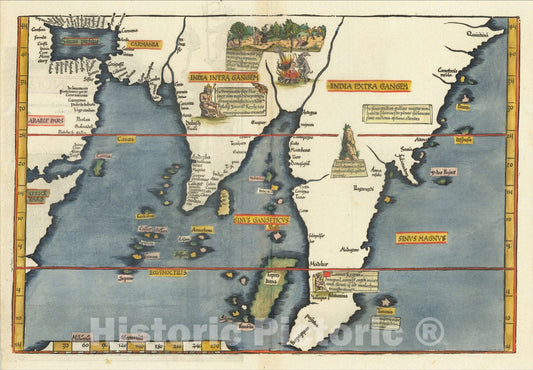Historic Map : Tab. Moderna Indiae [Verso title], 1524, Lorenz Fries, Vintage Wall Art