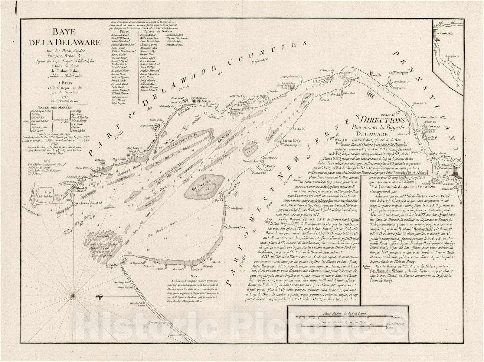 Historic Map : Baye De La Delaware Ave les Ports, Sondes, Dangers, Bancs. &c., De Joshua Fisher, 1777, 1777, , Vintage Wall Art