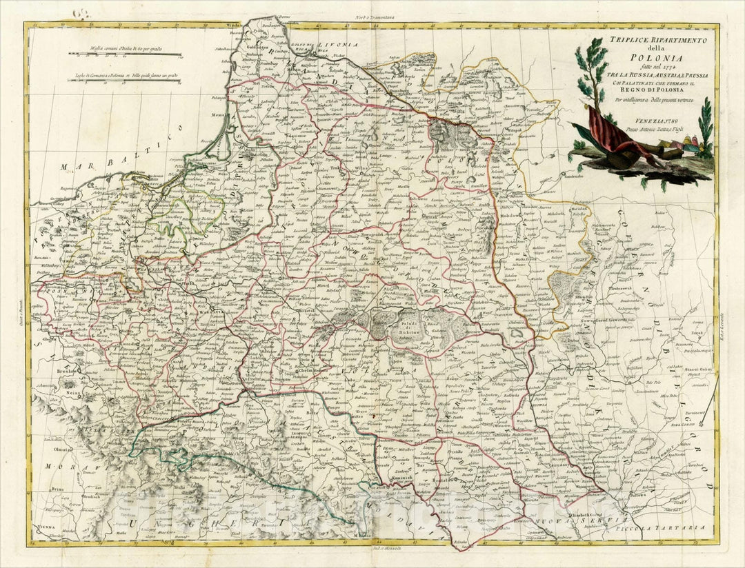 Historic Map : Triplice Ripartimento della Polonia fatto nel 1772 Tra La Russia, Austria, Prussia Coi Palatinati Che Formano Il Regno Di Polonia, 1789, 1784, Vintage Wall Art