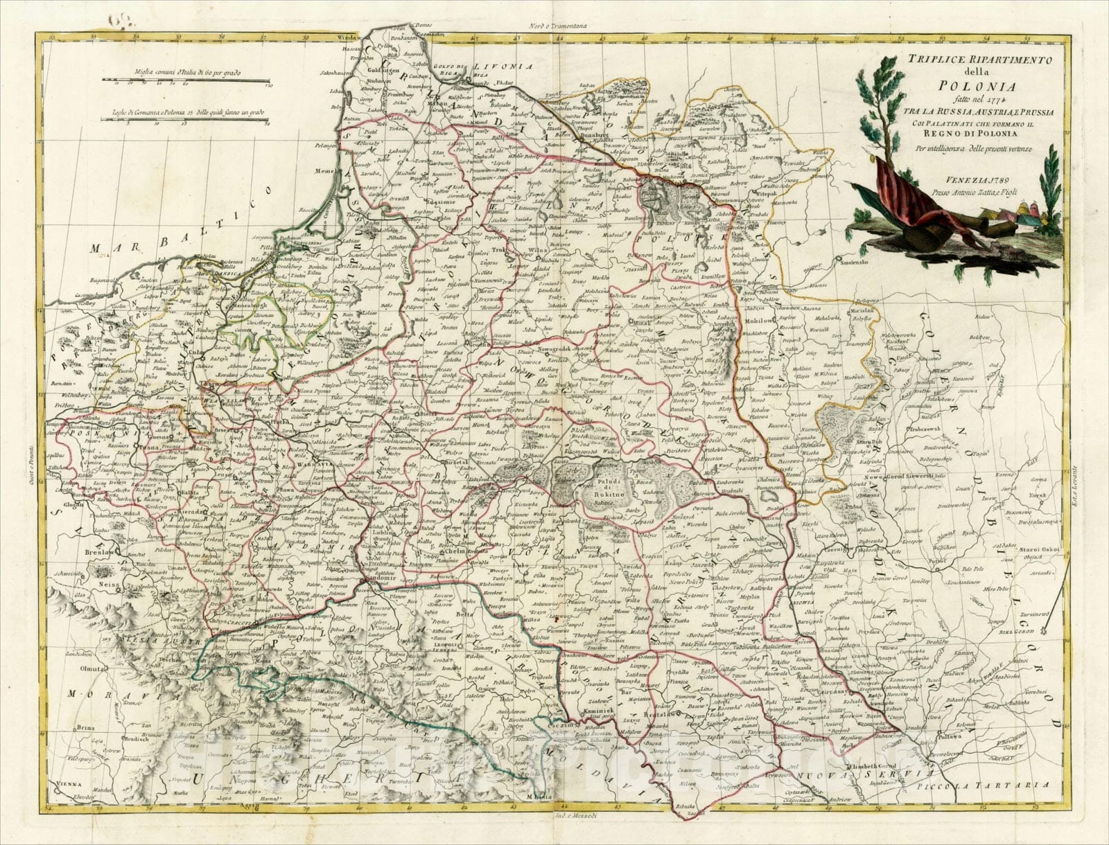 Historic Map : Triplice Ripartimento della Polonia fatto nel 1772 Tra La Russia, Austria, Prussia Coi Palatinati Che Formano Il Regno Di Polonia, 1789, 1784, Vintage Wall Art