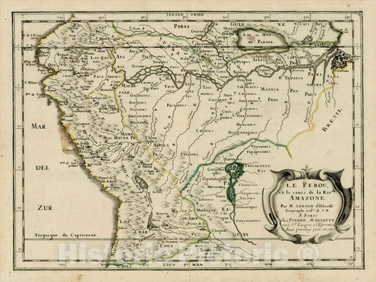 Historic Map : Le Perou et le course de la Riv.re Amazone , 1662, Nicolas Sanson, Vintage Wall Art