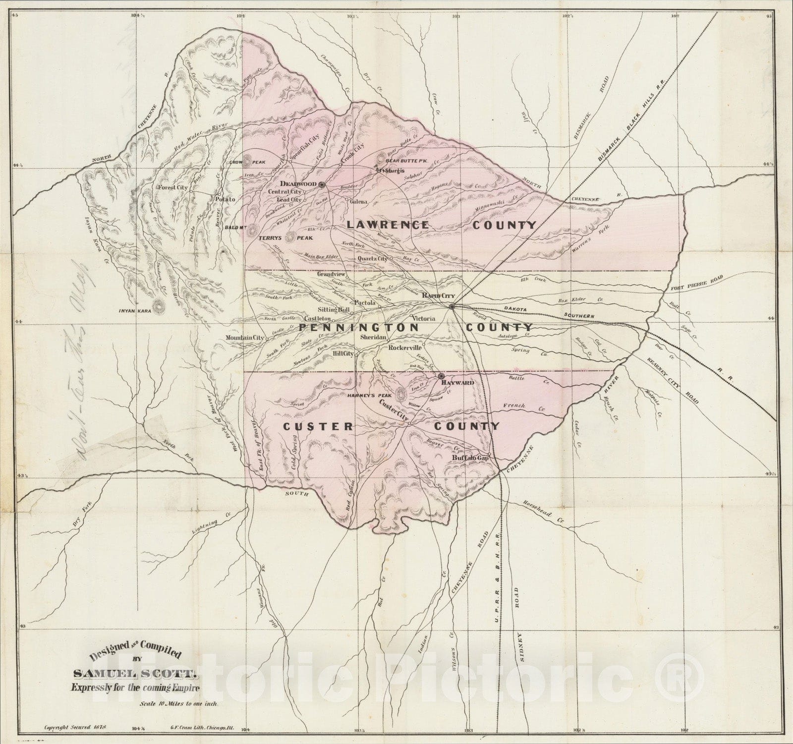 Historic Map : (Black Hills, South Dakota) [Map of Lawrence, Pennington, and Custer Counties and surrounding territory.], 1878, George F. Cram, Vintage Wall Art