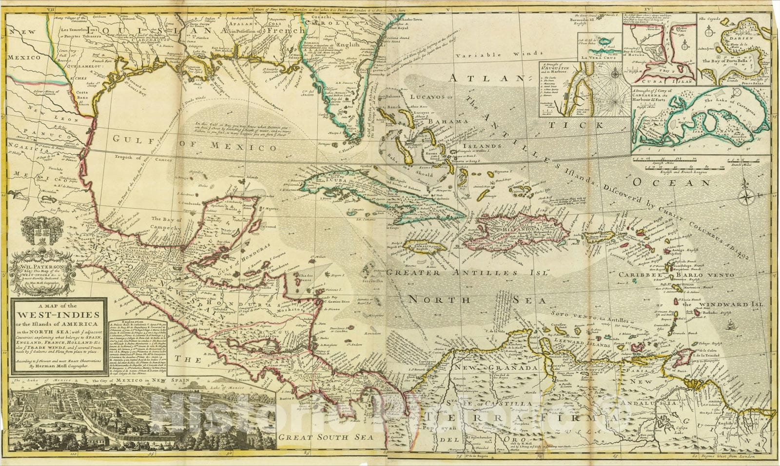 Historic Map : West-Indies with ye adjacent Countries; explaining what belongs to Spain, England, France, Holland, 1715, v2, Vintage Wall Art