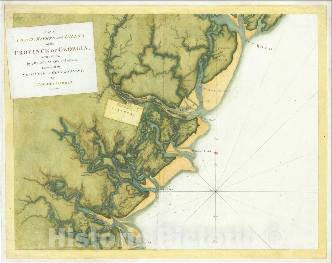 Historic Map : The Coast, Rivers and Inlets of the Province of Georgia, 1780, Joseph Frederick Wallet Des Barres, Vintage Wall Art