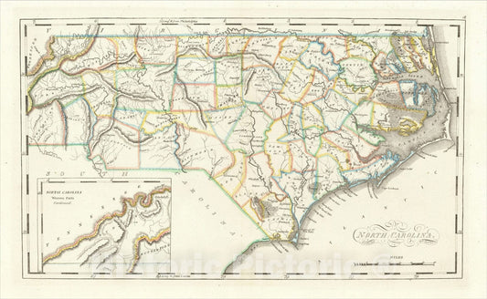 Historic Map : North Carolina, 1818, Mathew Carey, Vintage Wall Art