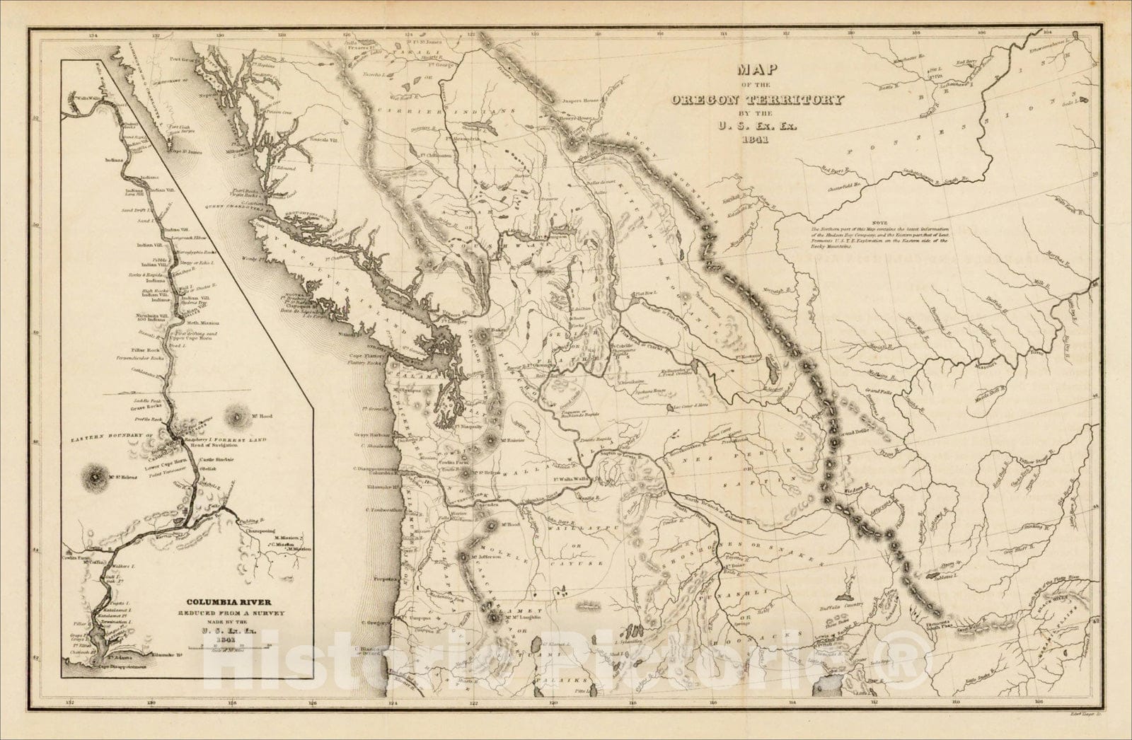 Historic Map : Map of the Oregon Territory by the US. Ex. Ex. 1841, 1841, Charles Wilkes, Vintage Wall Art