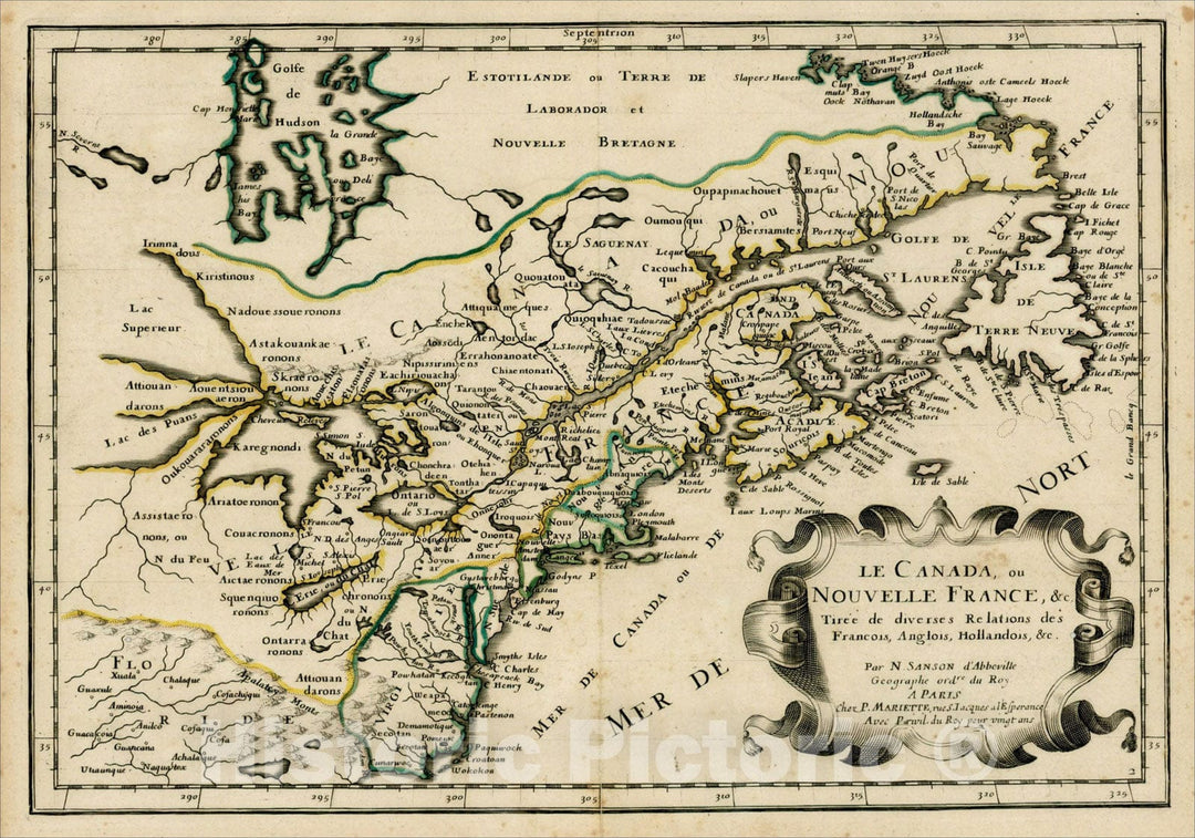 Historic Map : Le Canada ou Nouvelle France &c. Tiree de diverses Relations des Francois, Anglois, Hollandois &c., 1657, Nicolas Sanson, v1, Vintage Wall Art