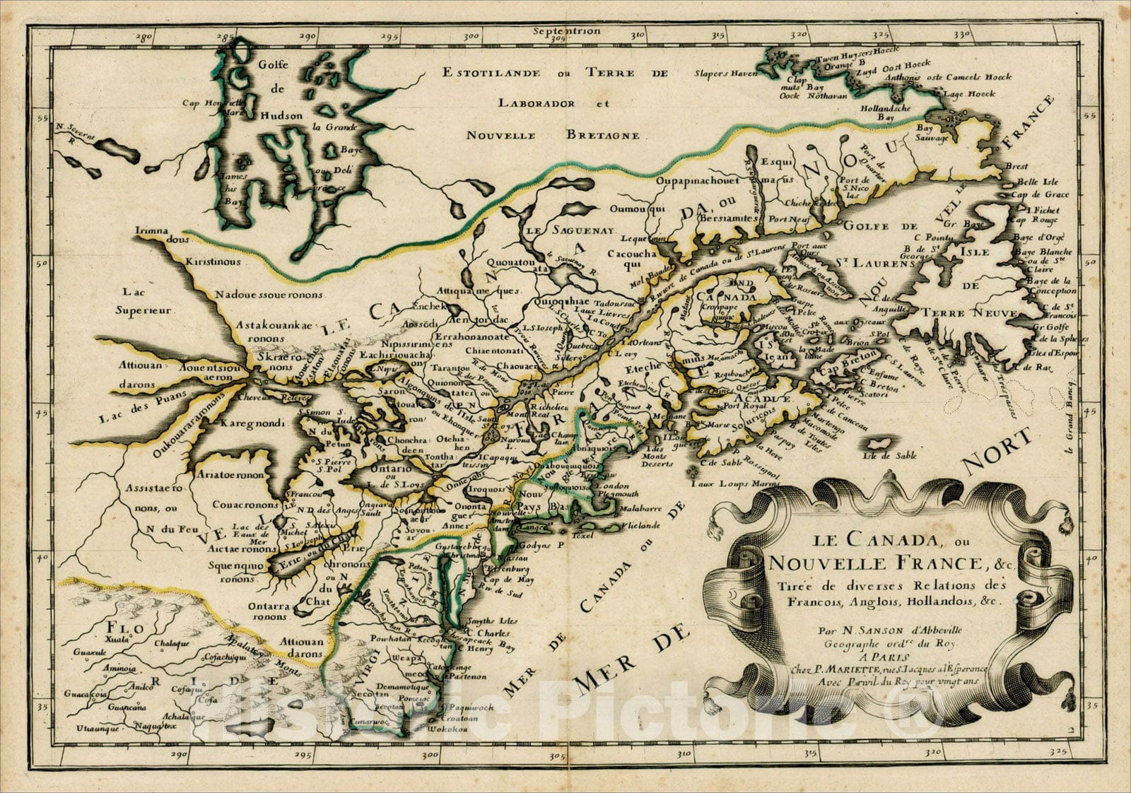 Historic Map : Le Canada ou Nouvelle France &c. Tiree de diverses Relations des Francois, Anglois, Hollandois &c., 1657, Nicolas Sanson, v1, Vintage Wall Art