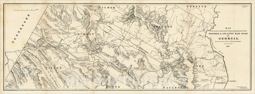 Historic Map : Georgia between Tennessee and the Chatahoochee River surveyed for the Western & Atlantic Rail Road of Georgia, 1837, U.S. Topographical Bureau, Vintage Wall Art