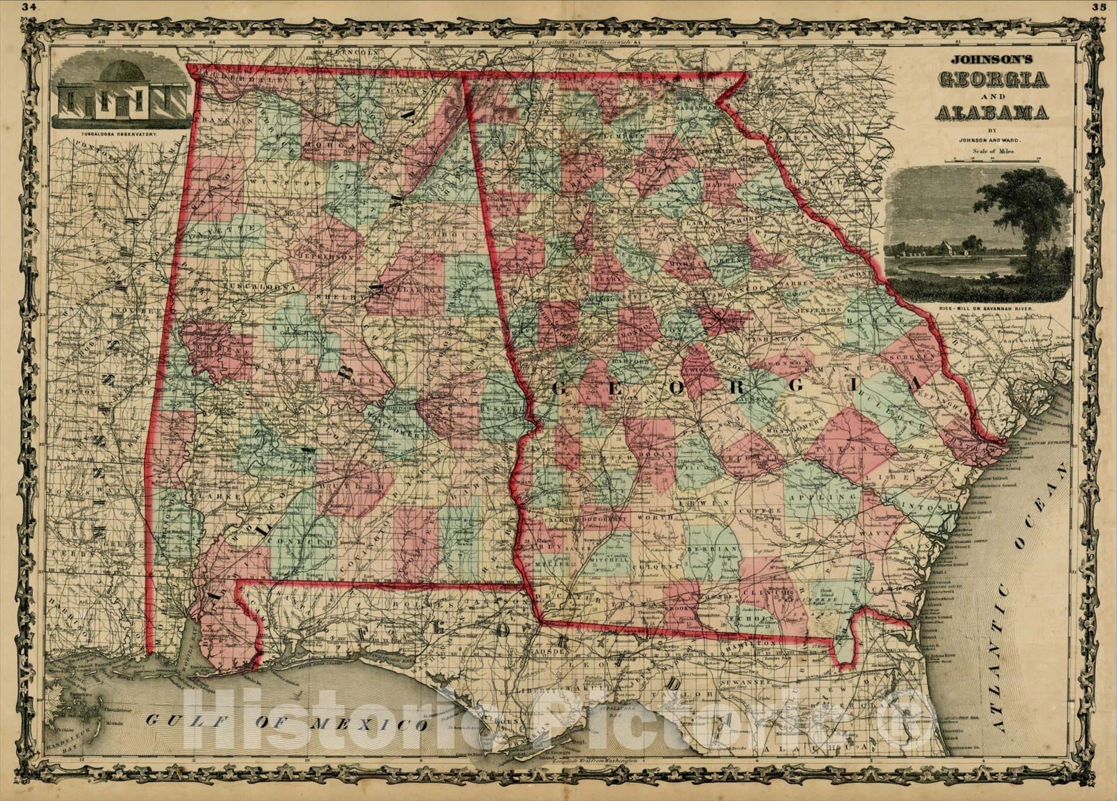 Historic Map : Johnson's Georgia and Alabama, 1862, Benjamin Ward, Vintage Wall Art
