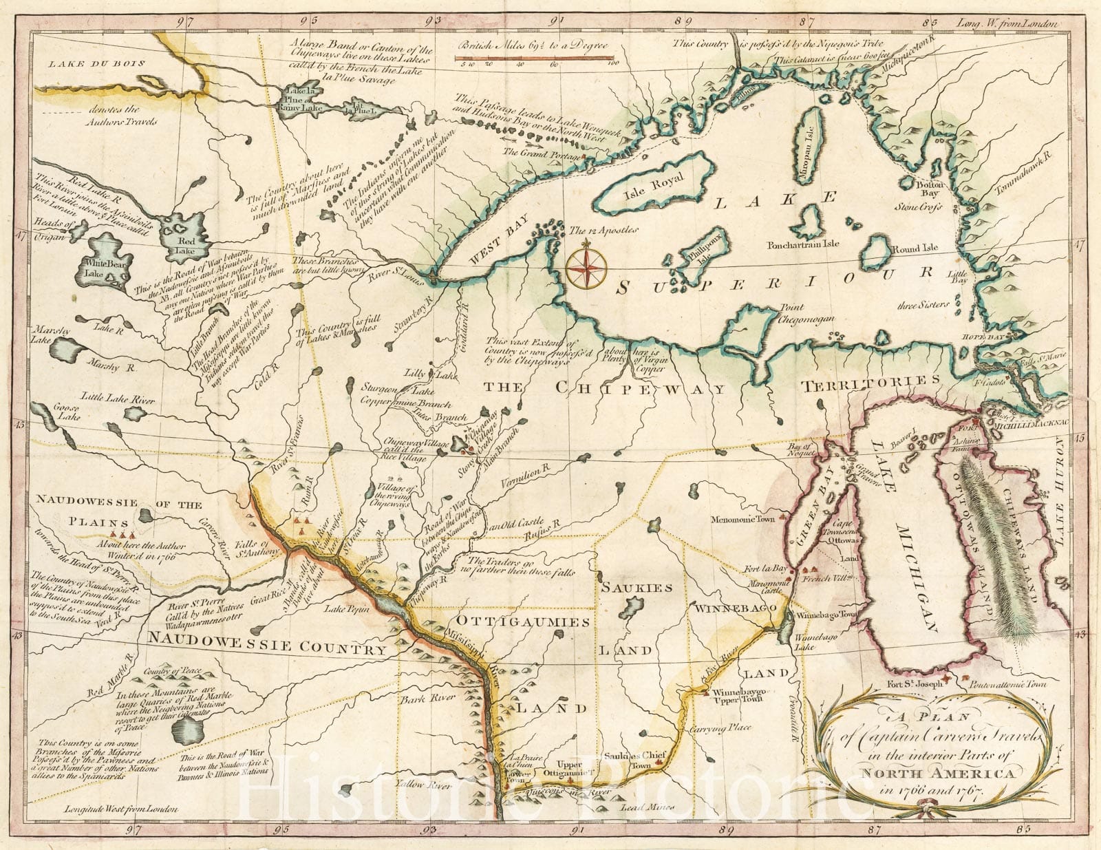 Historic Map : A Plan of Captain Carver's Travels in the interior Parts of North America in 1766 and 1767, 1781, , Vintage Wall Art