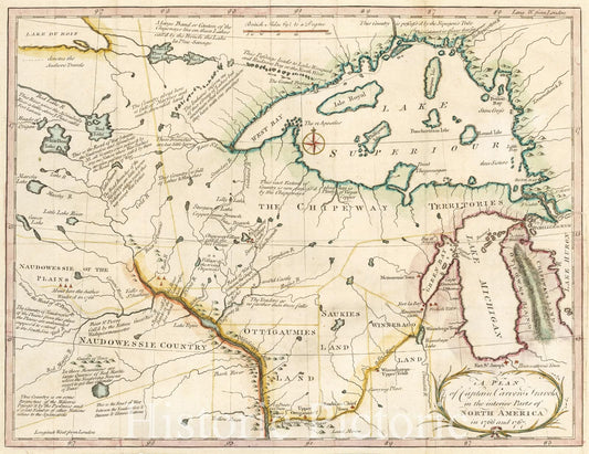 Historic Map : A Plan of Captain Carver's Travels in the interior Parts of North America in 1766 and 1767, 1781, , Vintage Wall Art