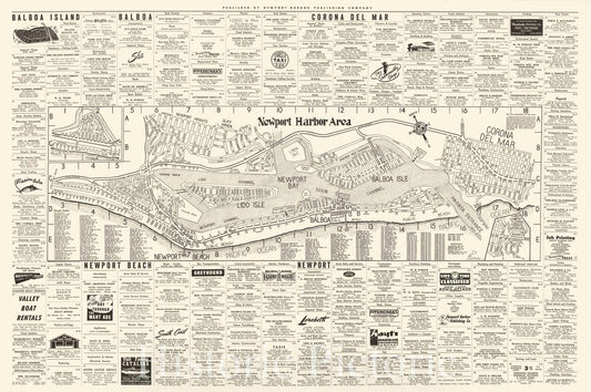 Newport Harbor Area - Market and Guide Map, 1950 circa | Historical Map Print