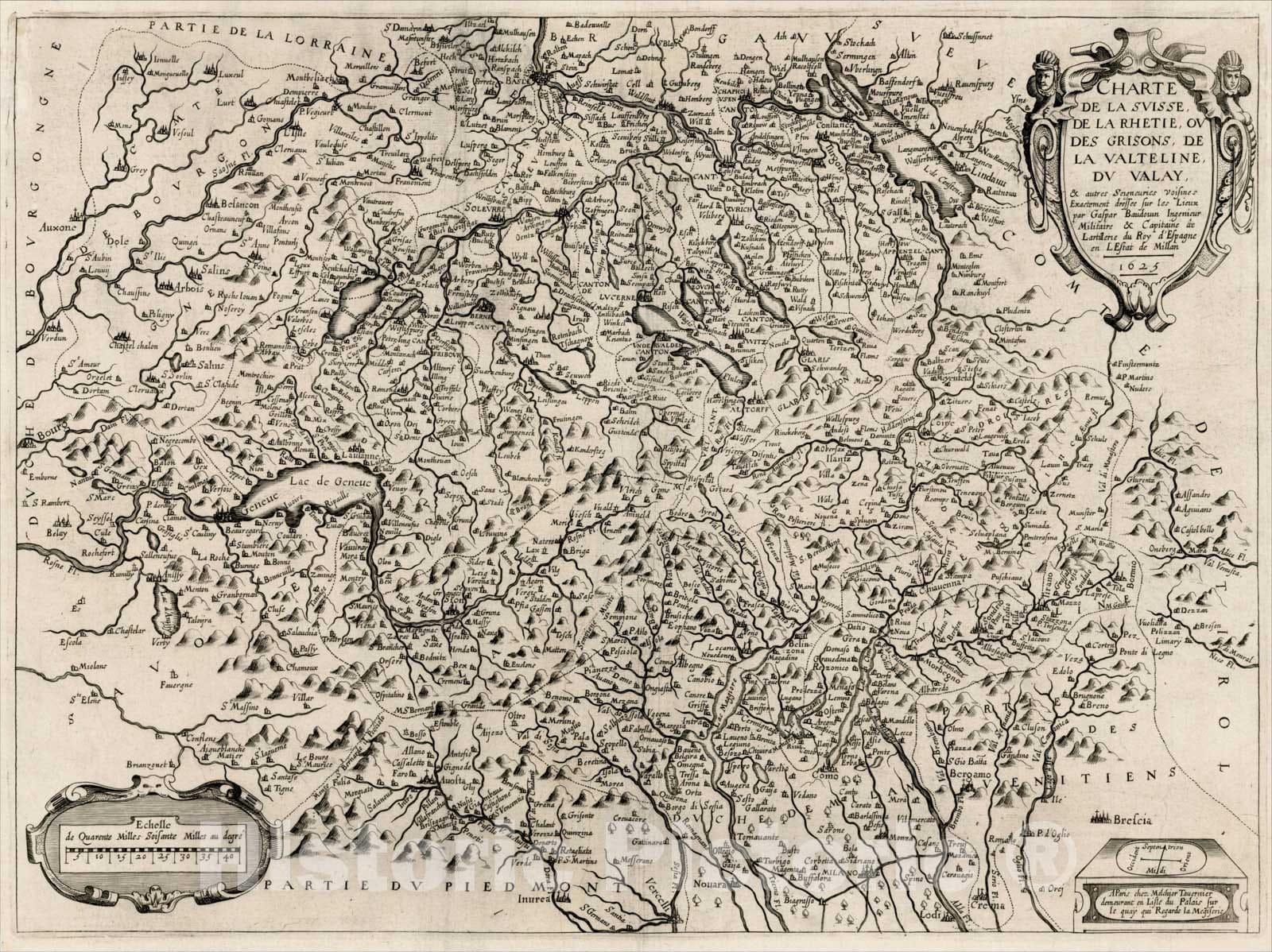 Historic Map : Charte De La Suisse, De La Rhetie, ou Des Grisons, De La Valtelin, Du Valay, & autres Seigneuries Visines Exactement, 1625, , Vintage Wall Art