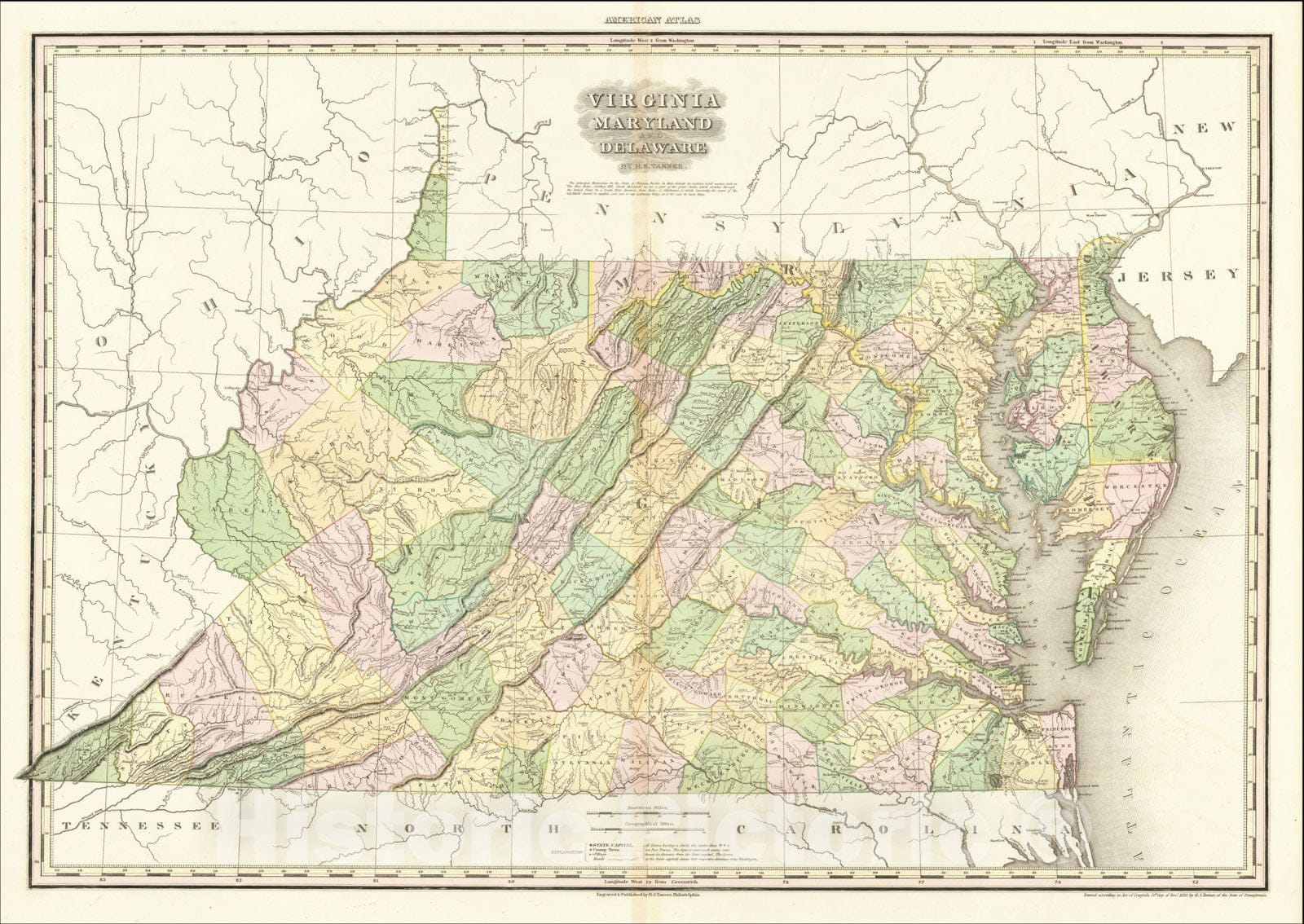 Historic Map : Virginia Maryland & Delaware. By H.S. Tanner, 1820, Henry Schenk Tanner, Vintage Wall Art
