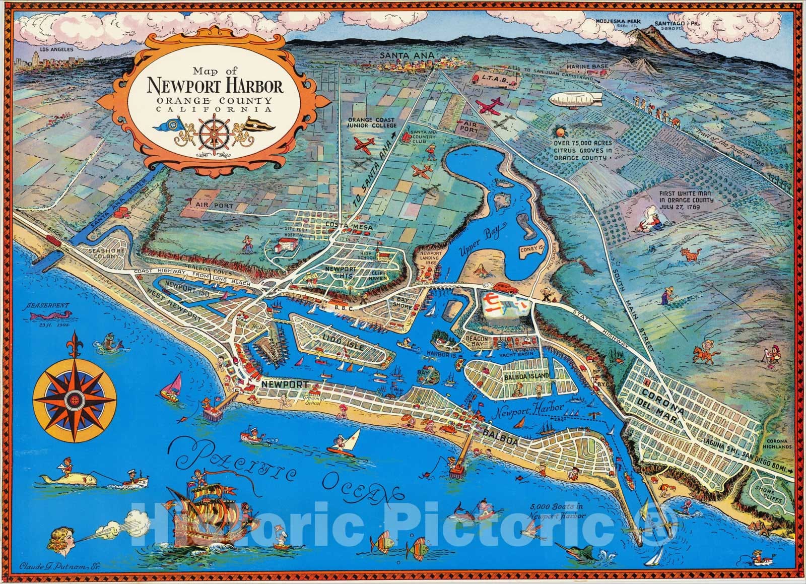 Historic Map : Map of Newport Harbor Orange County California, 1949, Claude Putnam, v1, Vintage Wall Art